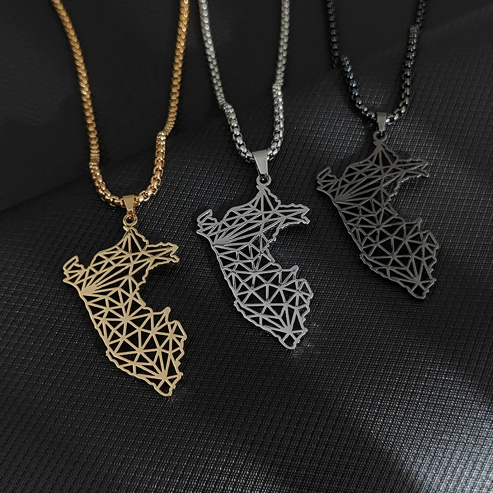 Peru Map Pendant Necklace For Women Men Gold Color Stainelss Steel Hollow Clavicle Chain Necklaces Jewelry Ethnic Gift