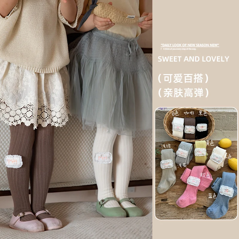 Sweet Girls Comfort Tights Exquisite Floral Embroidery Decorated With Delicate Square Fabric Strip Light Elastic Knit Pantyhose