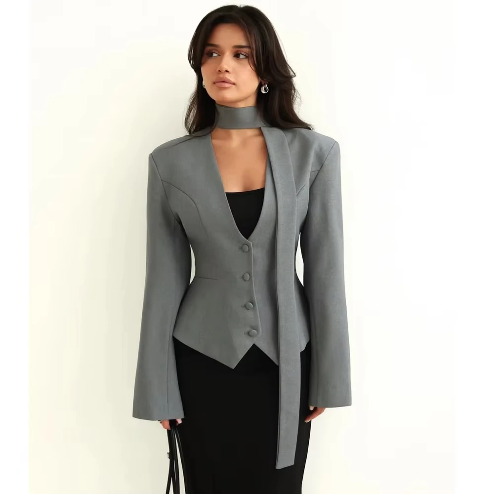 Single Breasted Coat Women's V Neck Scarf With Long Sleeve Waist-Cinching Blazer Jacket Lady Casual Slim Commute Coat