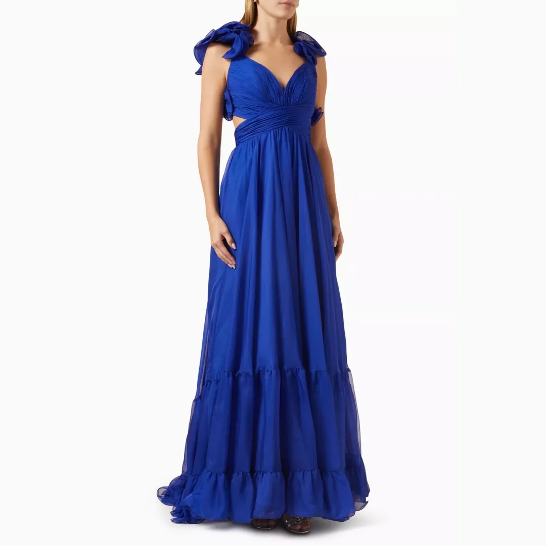 Fashion Spaghetti Straps Ruffles Evening Dresses Soft Chiffon V-neck Pleats Wedding Guest Gowns Chic Girl's Pageant Prom Dress