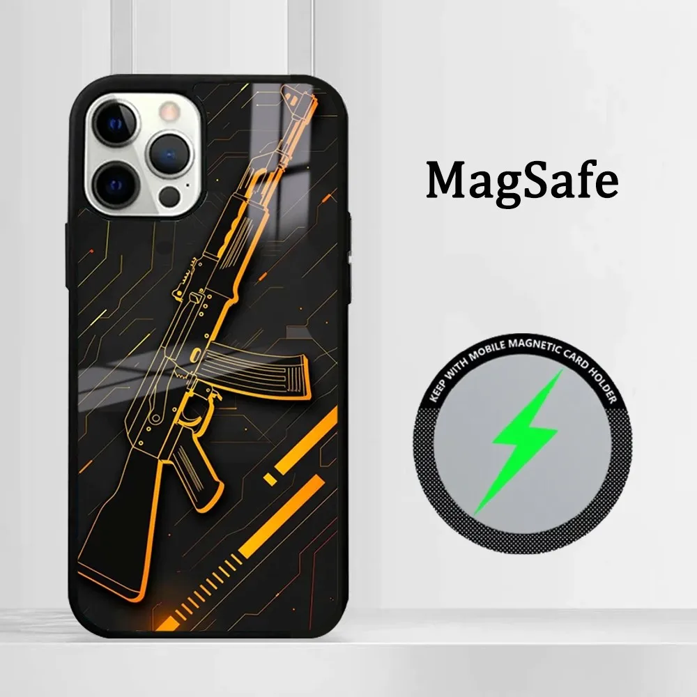 Weapons AK47 Gun Black  Phone Case For iPhone16 15 14 13 12 11 Pro Max Plus Mini Mirror Magnetic Cover