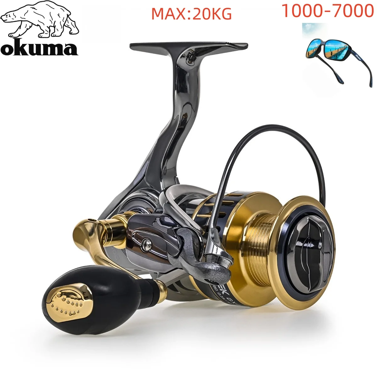 Moulinet de pêche Okuma à tambour rotatif, résistance 20KG, 13+1 roulements, bobine en métal, 1000-7000