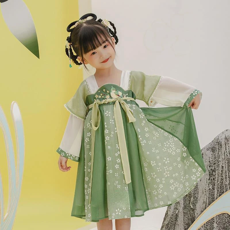 2022 novo verde impresso chinês tradicional hanfu vestido para meninas vestido hanfu das crianças do bebê vestido de fadas presente 3 8 8 anos