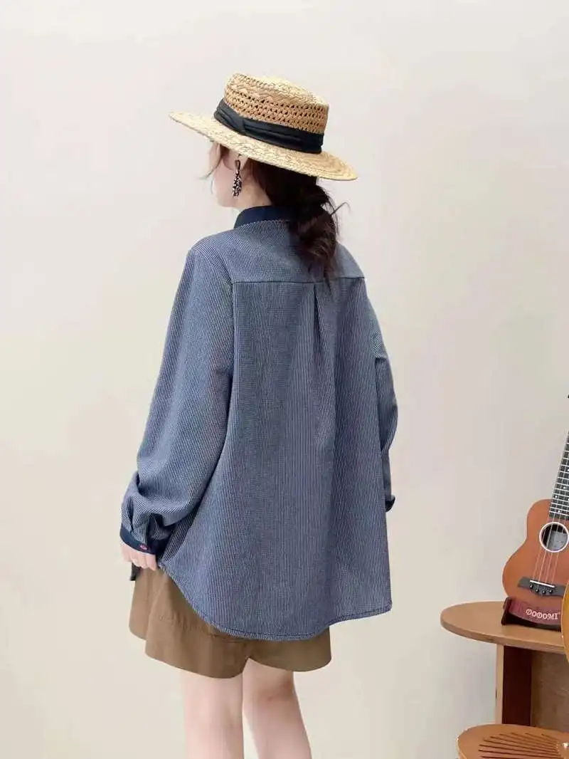 New Summer Cotton Long Sleeve Shirt, Women Lapel Embroidery Striped Top, Mori Girl Casual Vintage Loose Blouses, Autumn T47977QC