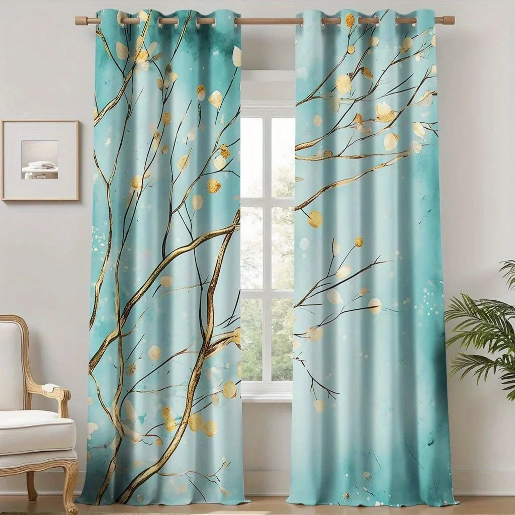

2 шт. сине-золотые шторы в виде ветвей дерева для гостиной и спальни, обеспечивающие уединение и декор, современный стиль, полиэстеровая ткань. Украсьте свое пространство.