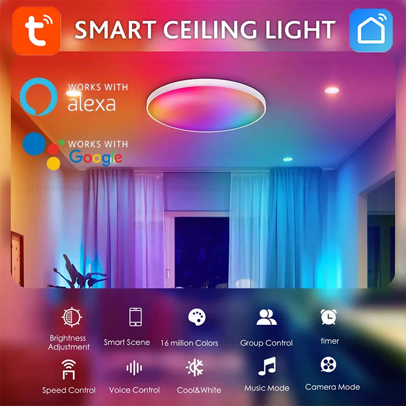 Luz de techo inteligente Tuya con WiFi, 220V, 24W, RGBCW, luz de ambiente Circular, Control por aplicación, adecuada para Alexa y Google Home
