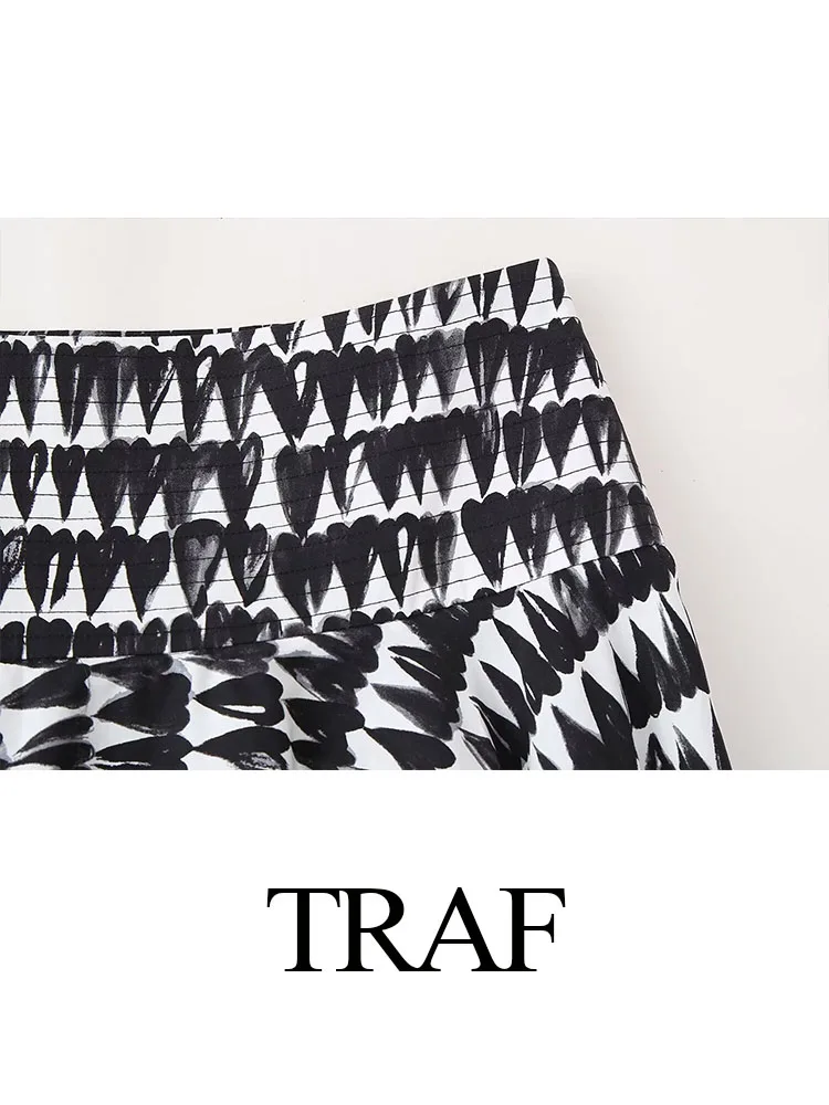 TRAF 2024 Woman Chic Print Skirt Elegant Vintage Casual Long Skirts Women's Side Zipper Low Waist Female Pleats Skirt Streetwear