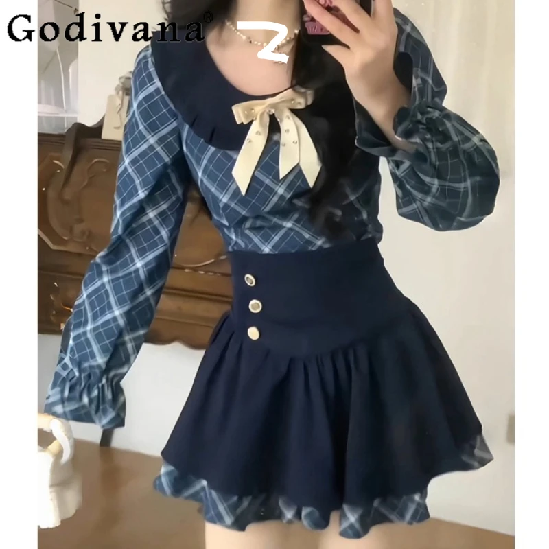 

Large Size Japanese Sweet Autumn Plaid Peter Pan Collar College Long Sleeve Shirt Cute Girls High Waist Skirt Two-piece Sets