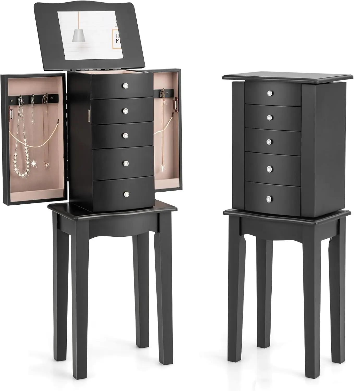 

Jewelry Cabinet with 4 Drawers, Jewelry Armoire with Flip up Mirror, Top Storage Tray with Ring Slots, Necklace Hooks