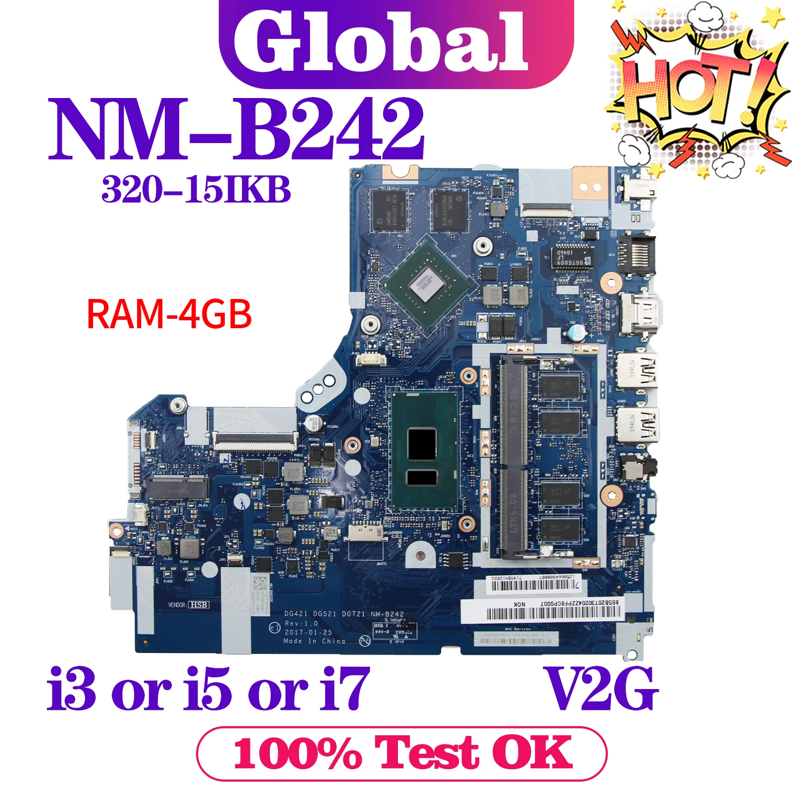 

KEFU Mainboard NM-B242 For Lenovo 320-15IKB 520-15IKB 5B20T30204 Laptop Motherboard i3 i5 i7 6th/7th Gen V2G 4G/RAM