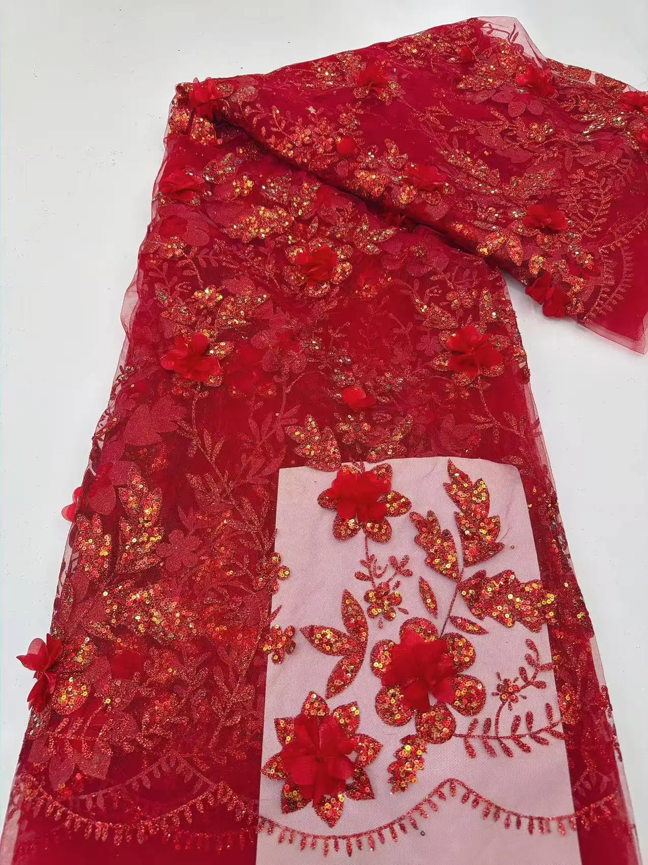 

Red African Nigerian 3D applique Lace Flower Fabric 2026 High Quality Sequins Embroidery French Lace Fabric For Wedding Party