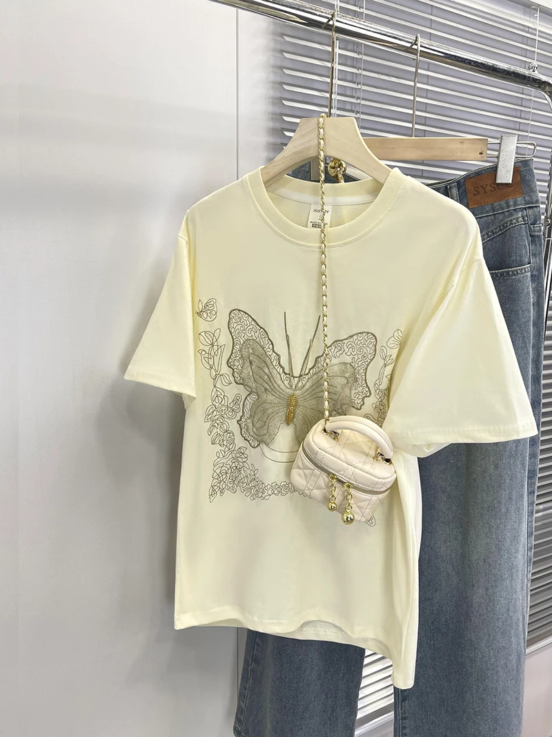 

Новая летняя футболка оверсайз с вышивкой для полных женщин (до 300 фунтов), корейский стиль, 2024