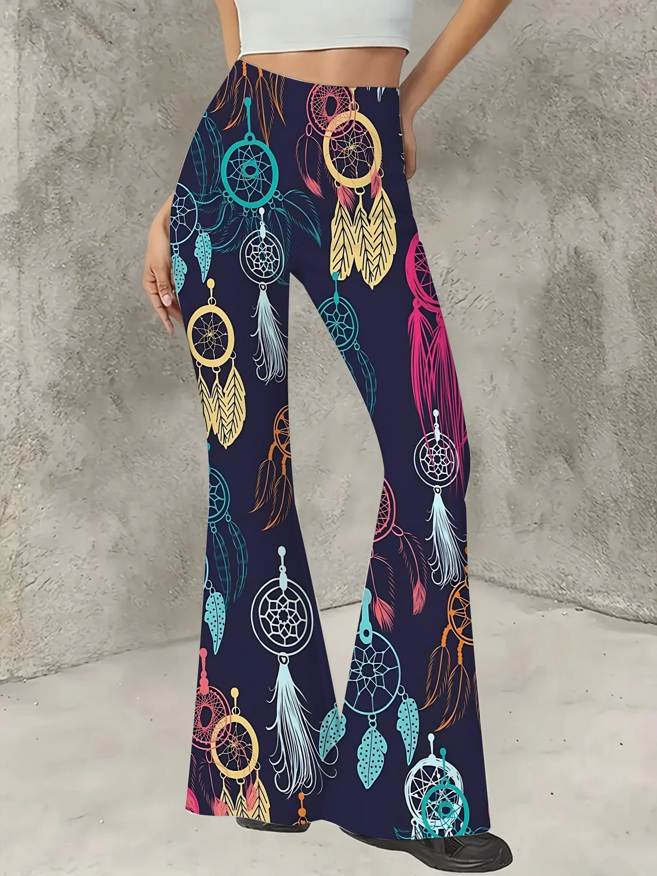 

Women's Striped Print Flare Pants Loose Fit Knit Wide Leg Bell Bottom Trousers