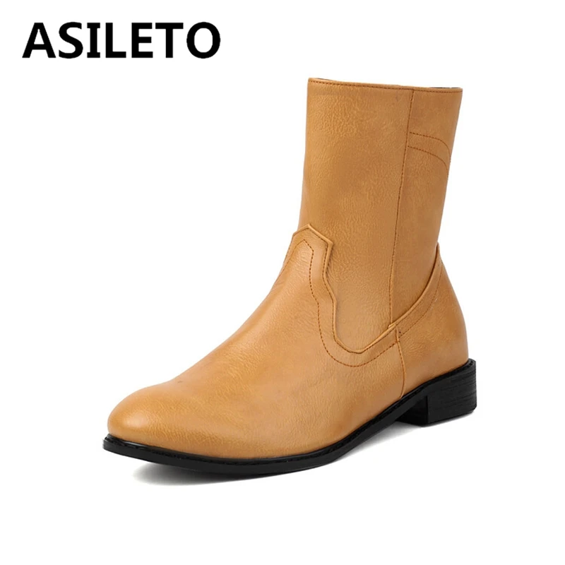 ASILETO 2024 New Design Western Boots 3.5cm Block Heels Wide Leg Round Toe Slip On Midcalf Bota 41 42 43 44 45 46 47 48 US17