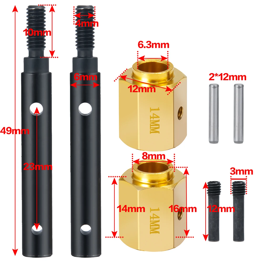 YEAHRUN Metal Portal Axle Stub Drive Gear Shaft + 14mm Wheel Hex Hub Extended Adapter do TRX-4 Bronco 1/10 RC Car Parts