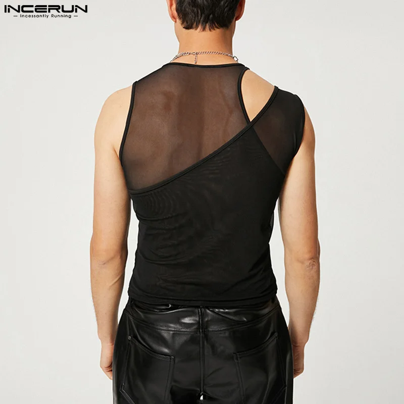 INCERUN Men Tank Tops Hollow Out Mesh Transparent Streetwear Solid O-neck Sleeveless Vests Men 2023 Sexy Party Nightclub Tops