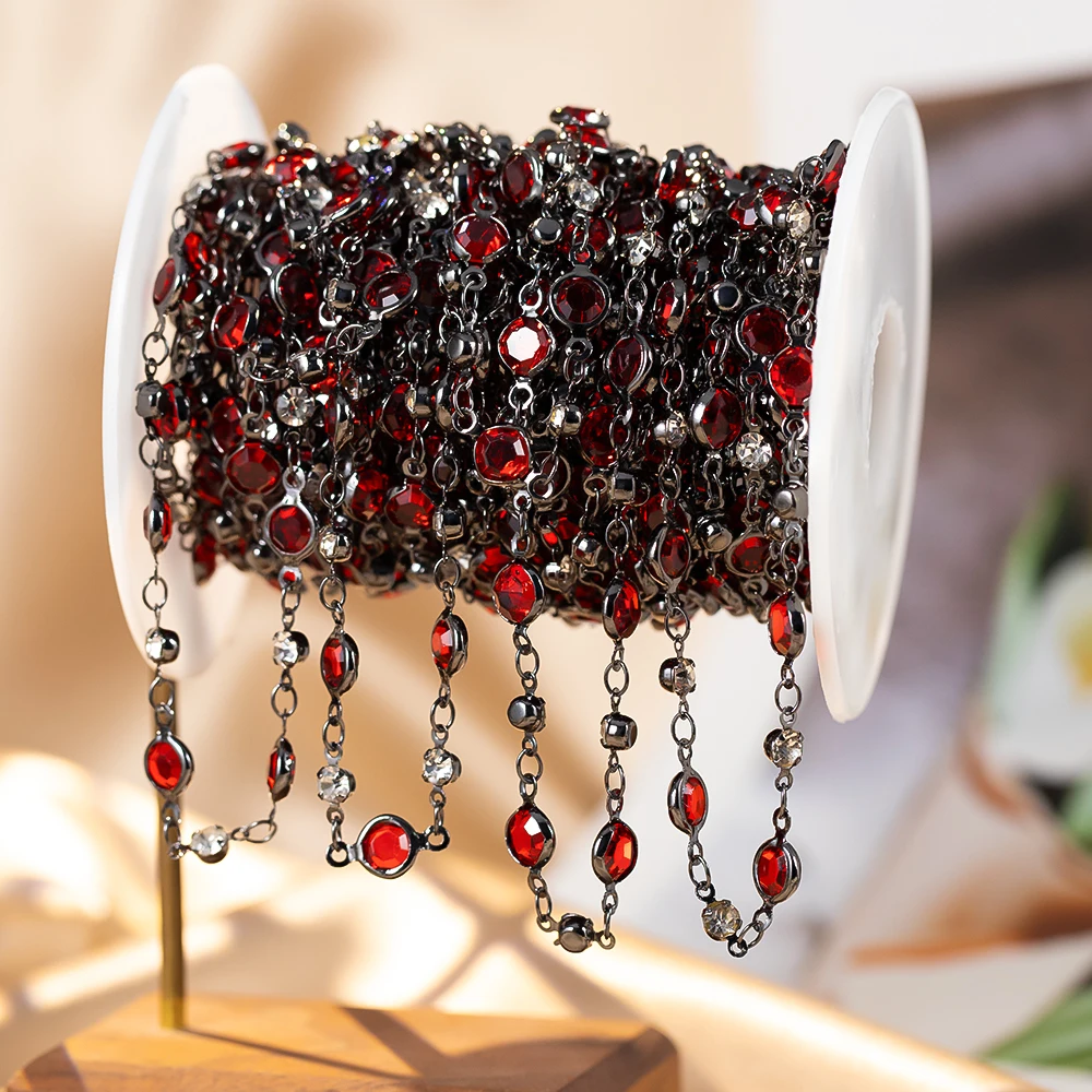0.5M 1M Gun Black Copper Chains With Red And White Glass Round Beads for DIY Bracelet Necklace Holiday Clothing Jewelry Making