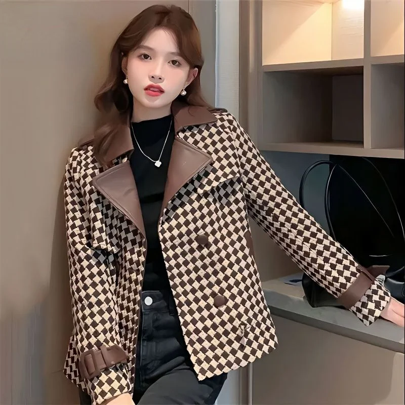 

2023 Spring Autumn New houndstooth Coat Women Leather Lapel Fashion Design Sense High End Suit Top Jacket Women