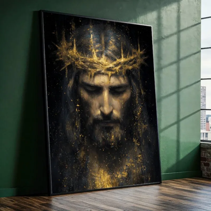 Vintage Jesus with Crown of Thorns Religious Spiritual Portrait Poster Canvas Painting Wall Art Pictures Home Interior Decor