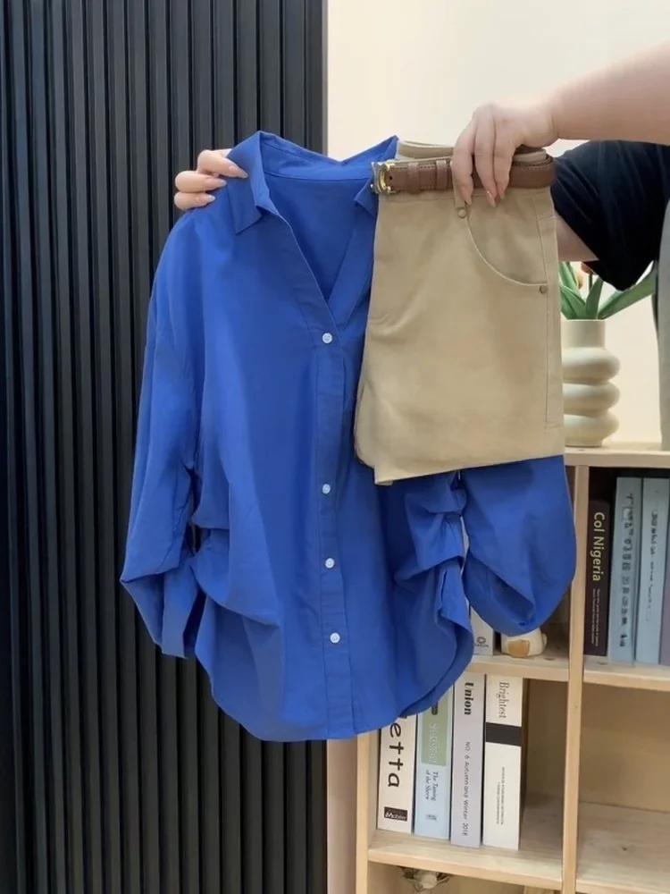 

Синяя женская блузка с длинным рукавом, весна 2026, новый дизайн, плиссированная талия, стройнящая, для офиса, индивидуальный стиль