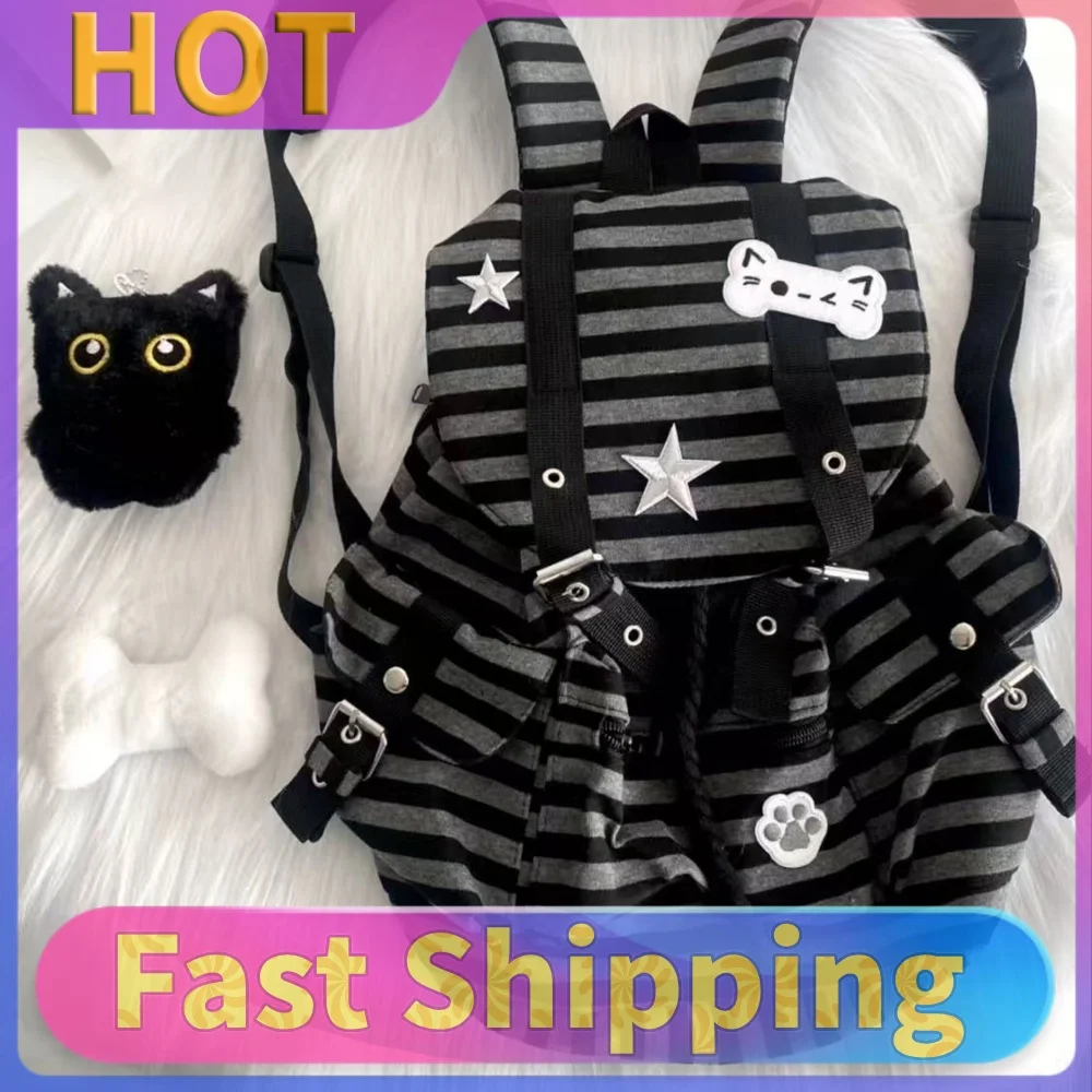 Y2k Drawstring Bags Large Capacity Versatile Bag Multi-Pocket Cute Cat Rucksack Travel Vacation Backpacks