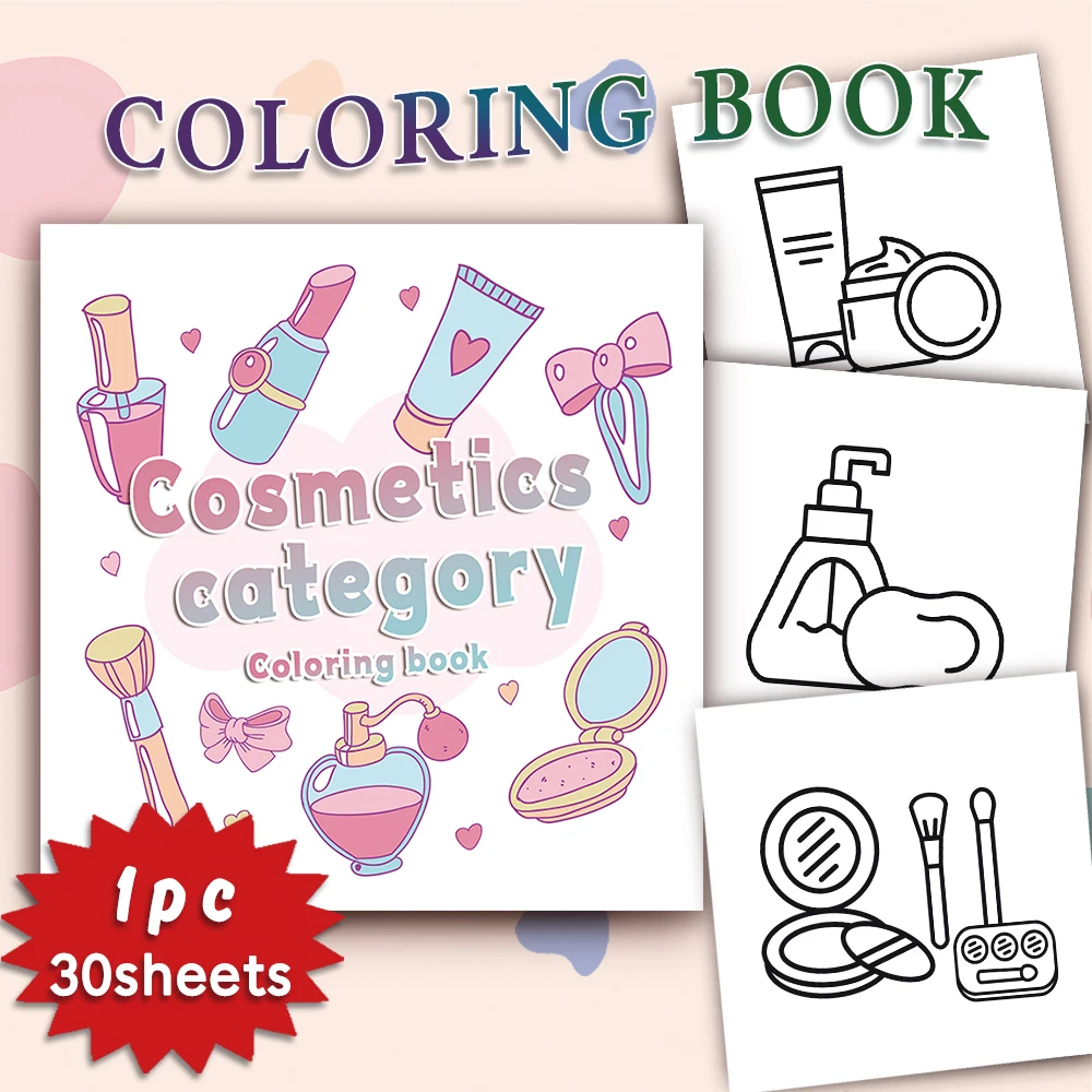 

1pc,Cute Coloring Book - 30 Different Cosmetic Elements Patterns,100gsm 8.3x 8.3 Suitable for Anxiety Relief,Gift for Friends