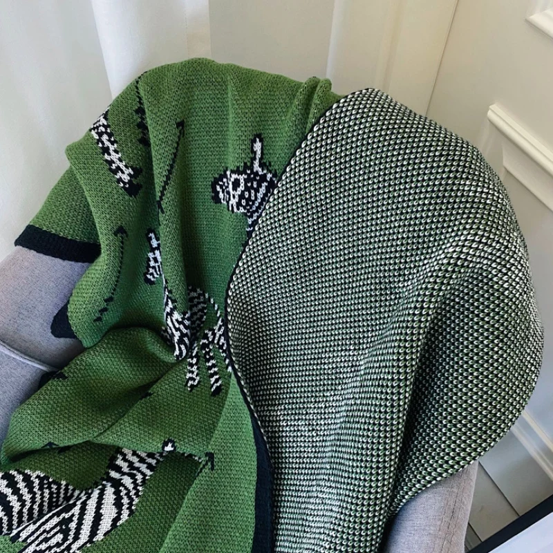 Nordic Vintage Dark Green Zebra Knitted Blanket Cotton Bedspread Cobertor Modern Fashion Soft Throw Warm Home Bedding