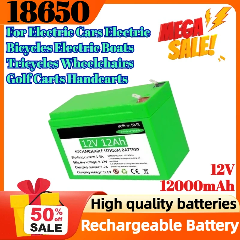 

12V 12Ah 18650 Battery Pack Lithium Battery Recharable Solar Storage Battery Electric Lighting for Electric Cars Golf Carts