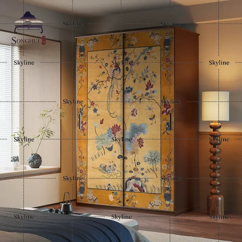 Medieval Solid Wood Sliding Door Wardrobe Storage Cabinet New Chinese Style Bedroom Locker Customization