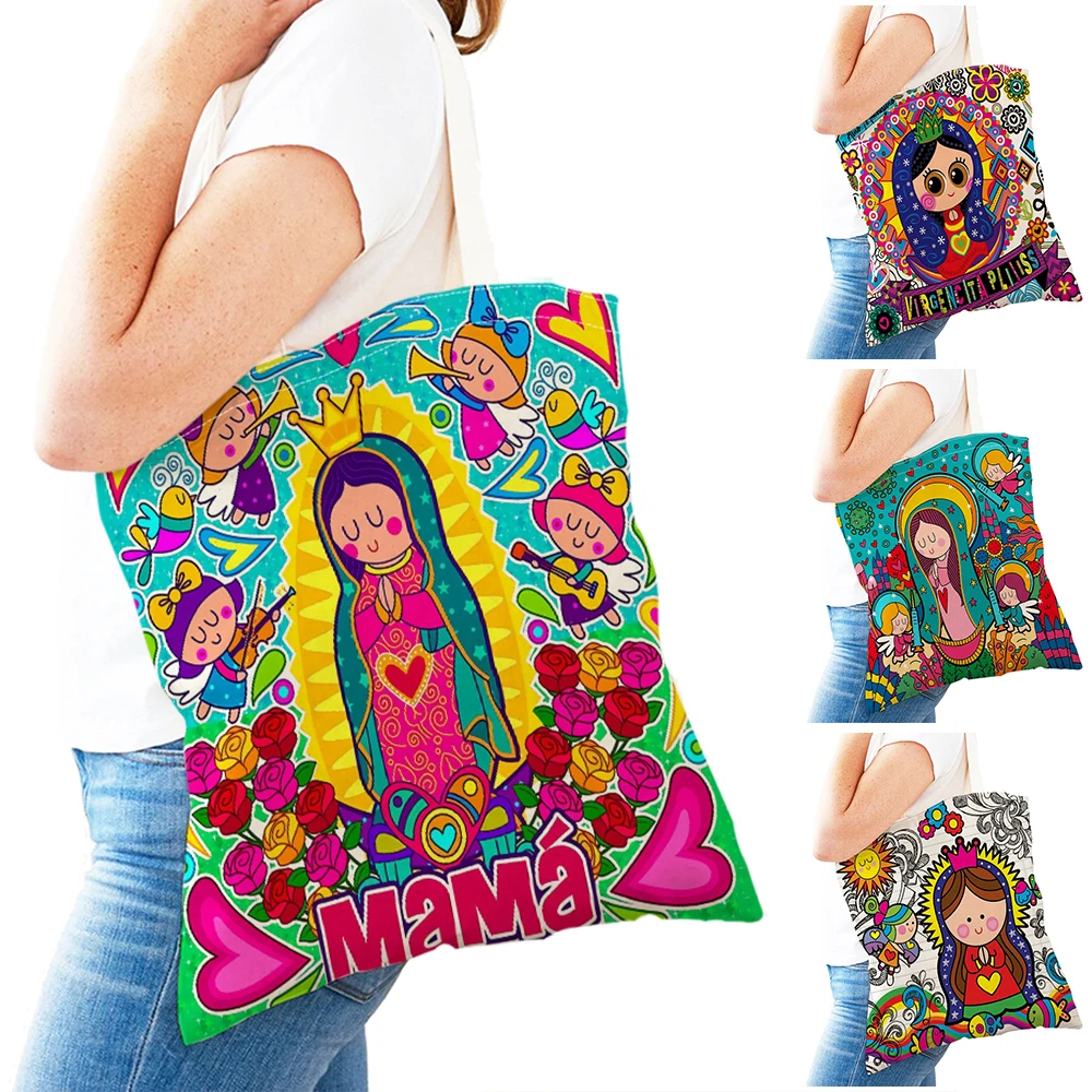 Cartoon Vergine Maria Serie Borsa shopper da donna Borsa in tela Pieghevole riutilizzabile Doppia stampa Tote Lady Shopping Bag Regalo per bambini