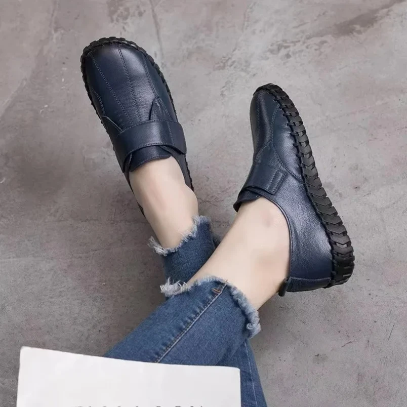 2025 أحذية من الجلد الحقيقي للمرأة الخريف الشقق الإناث هوك حلقة أحذية تقويم العظام حجم كبير 42 المرأة المتسكعون #2