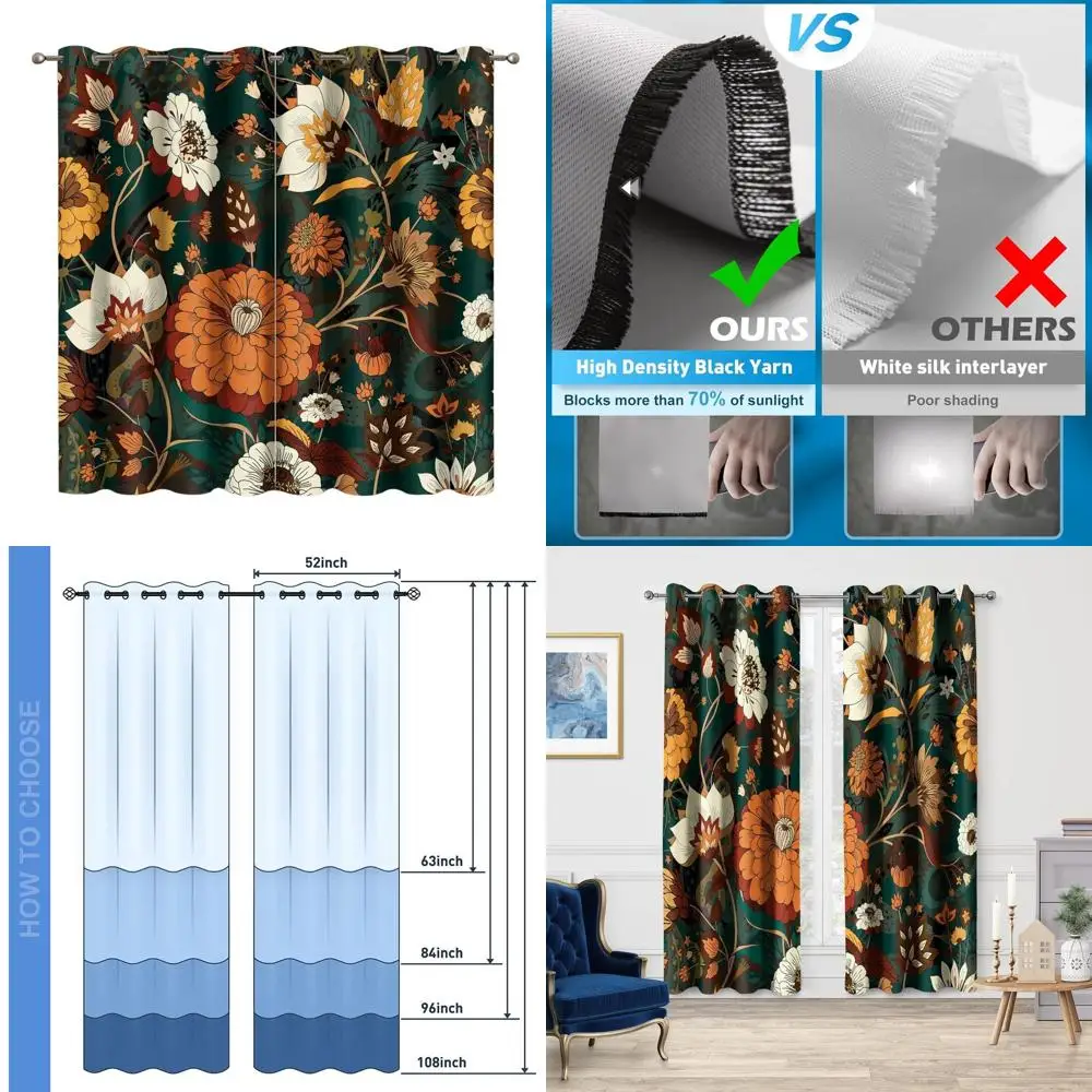 

Boho Floral Blackout Curtains Mid Century Morden Abstract Bohemian Flowers Print Drapes Decor Home Apartment Bedroom Living Room