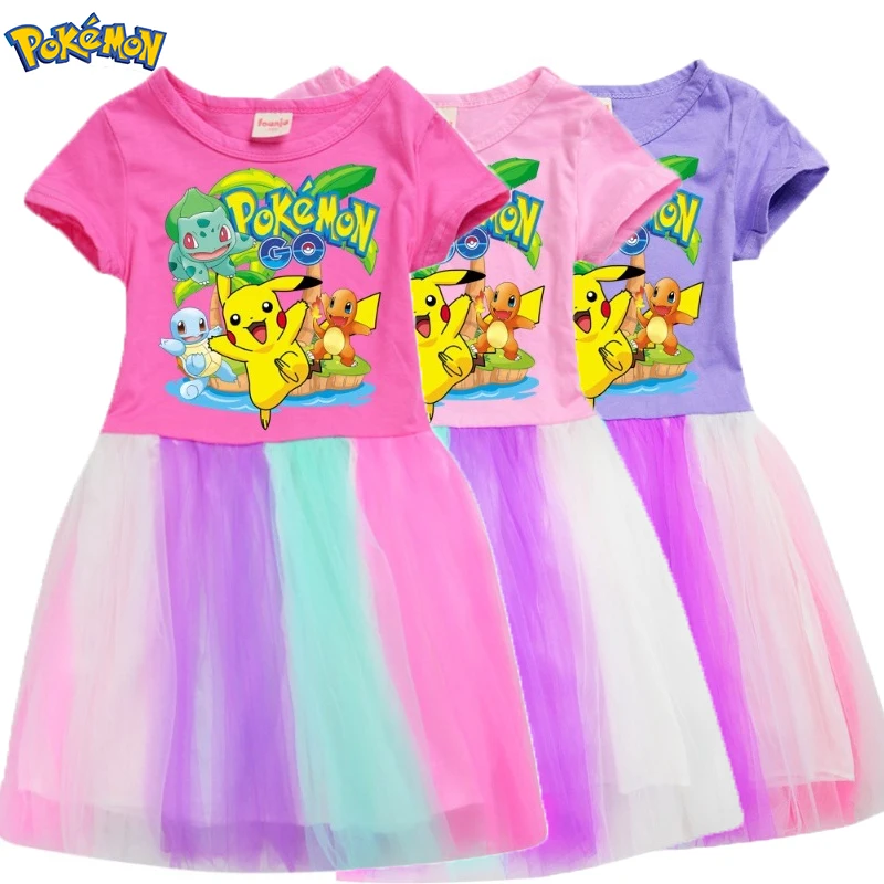 

New Style Creative Cartoon Pikachu Cotton Dress for Girls Summer Top with Rainbow Skirt Lace Detailing Kids Party Evening Outfit