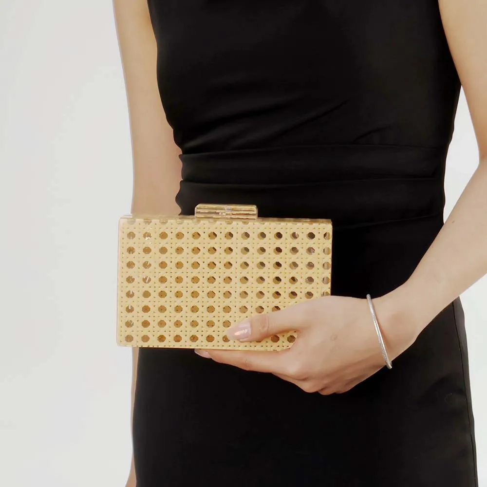 

Vintage European American Style Ladies Evening Clutch Fashion Handbag with Acrylic and Shoulder Chain Woven Design