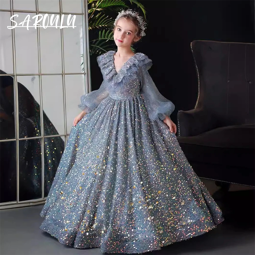 

Glitter Long Prom Dress For Children, V Neck Girls Party Dresses, Long Lantern Sleeves, Wedding Flower Girl Birthday Party Gown