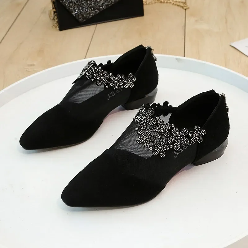 2024 New Summer Fashion Black Lace Rhinestone Sandals Flower Heel Sandals Mesh Plus Size Sandals Women\'s Casual Shoes 35-43