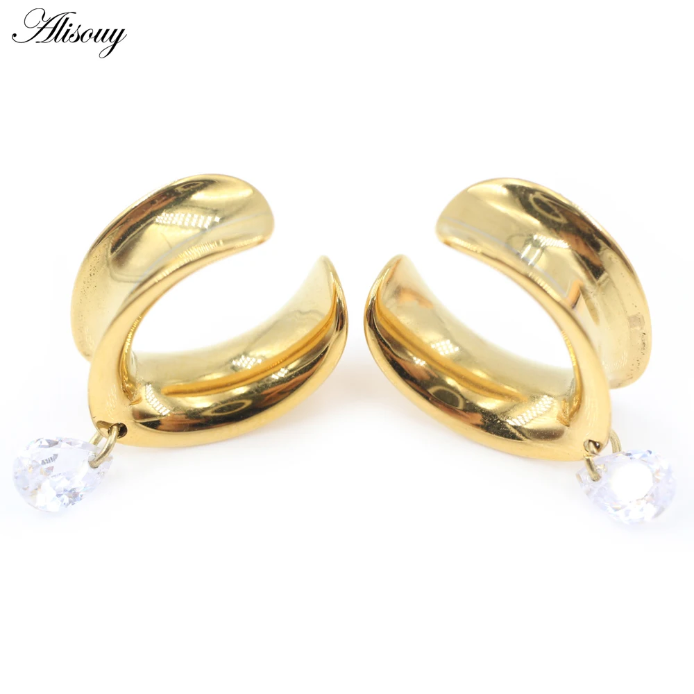 Alisouy 1PC Stainless Steel Water Drop Zircon Pendant Ear Plugs Tunnels Expander Saddle Gauges Earrings Piercing Body Jewelry