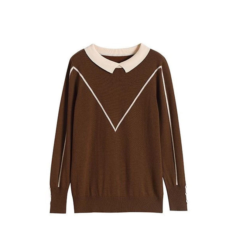 Women Korean Fashion Patchwork Elegant Knitted Sweater Autumn Winter Long Sleeve Loose Pullover Tops Casual Jumper Ropa De Mujer