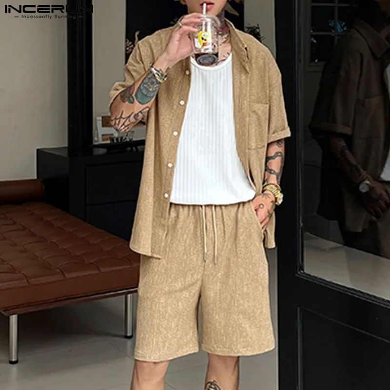 

INCERUN Men Sets Solid Color Lapel Short Sleeve Shirt & Shorts Two Pieces Sets Streetwear Loose Casual Men's Suits 2025