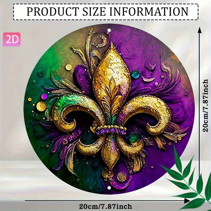 2D Flat, 1pc Retro Mardi Gras Fleur-de-Lis Round Wall Sign - Purple Golden Ornate Swirl Decorative Plaque Suitable for Home, Off