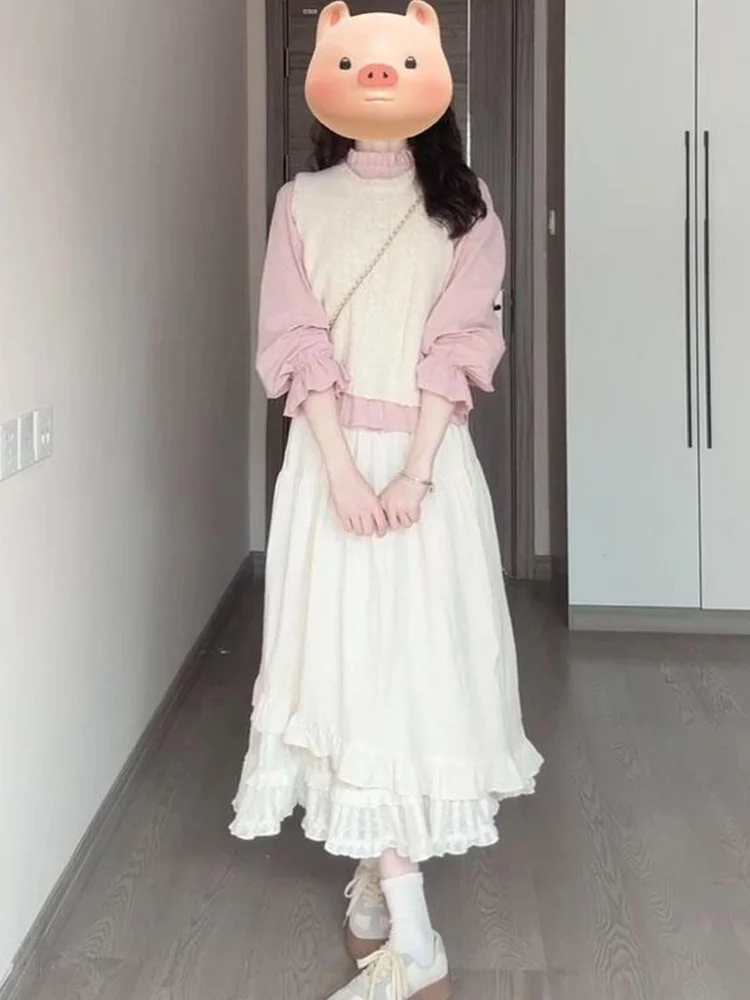 

Cute Sweet Sister Workwear Tee-Piece Set Women's Autumn Commute Faion Knitted f-Skirt Long Sve round Ne Top