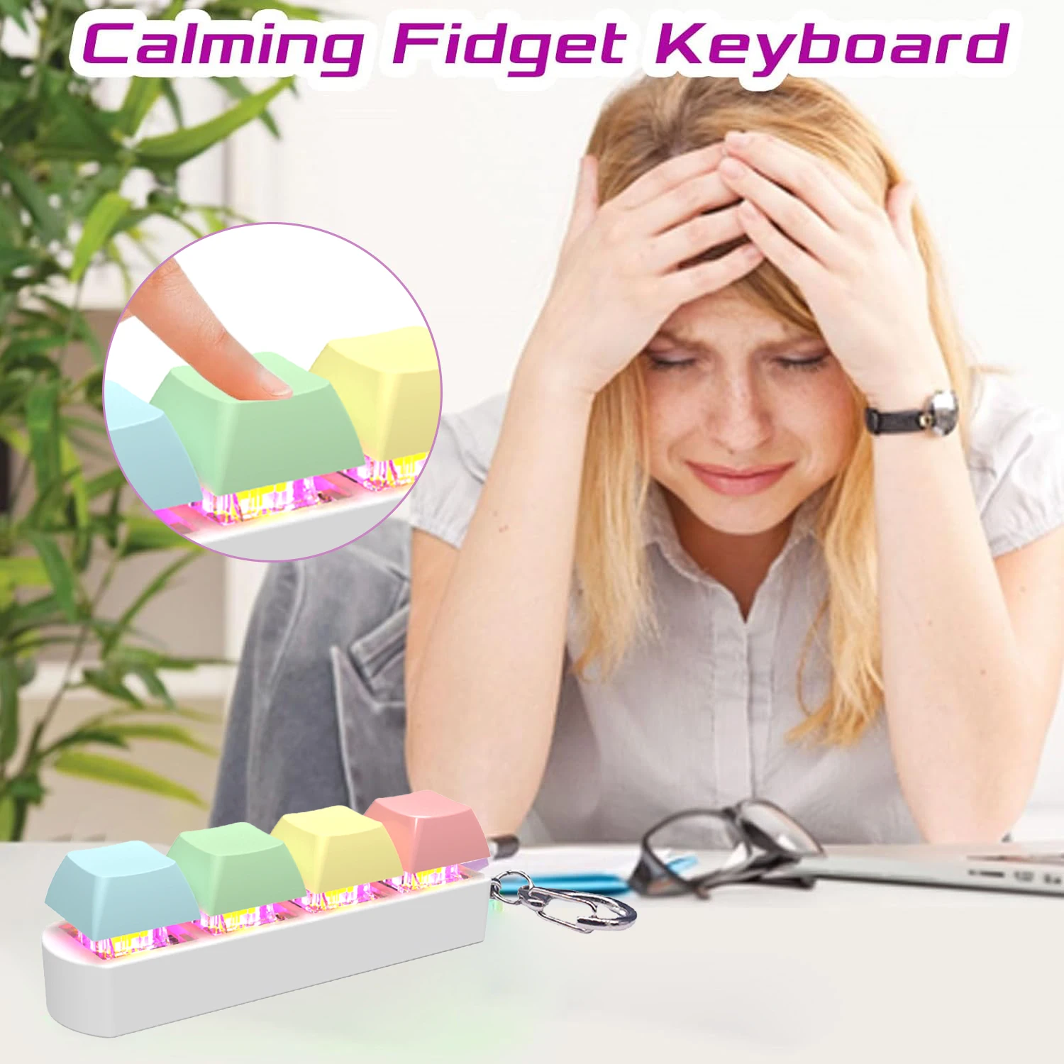 Keyboard Fidget Toy Keyboard Clicker With LED Light Keychain Fidget Stress Relief Sensory Toy Finger Keyboard Decompression Toy