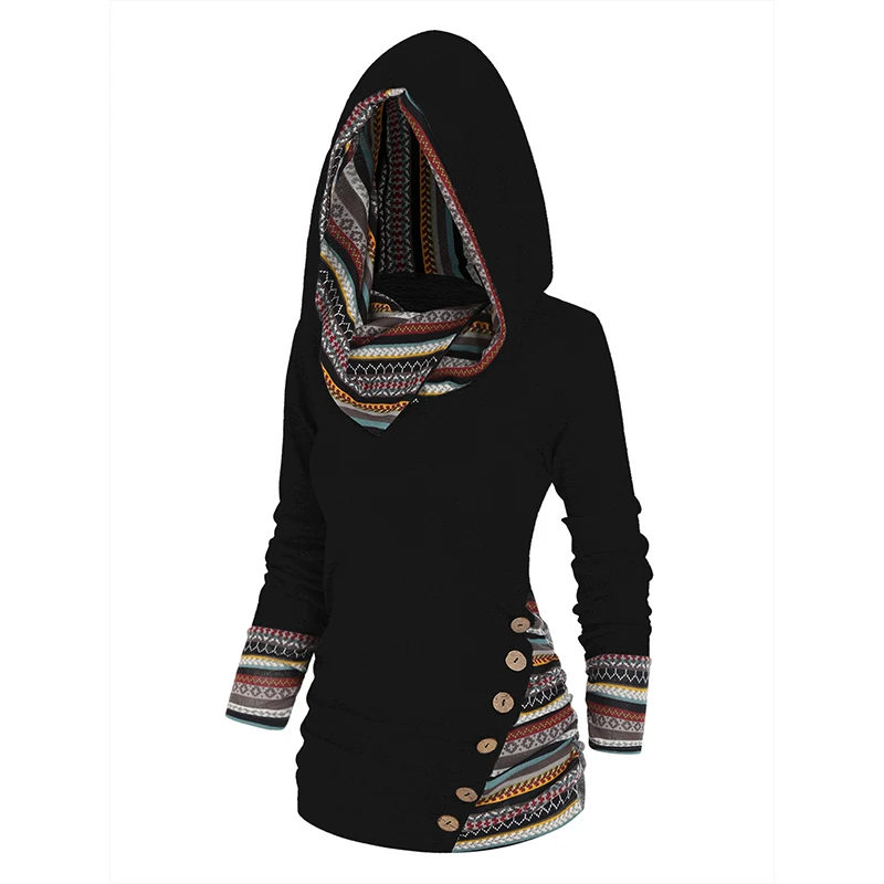 Dressfo Women\'s Hoodie Tops Tribal Geometric Stripe Panel Hooded Knit Top Long Sleeve Mock Button Knitted Top