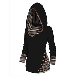 Dressfo Women's Hoodie Tops Tribal Geometric Stripe Panel Hooded Knit Top Long Sleeve Mock Button Knitted Top