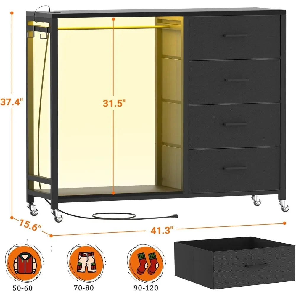 Dresser for Bedroom with Clothes Rack & Wheels, Charging Station & LED Lights, Wooden Top and  Lockable Wheels, Bedroom Dresser