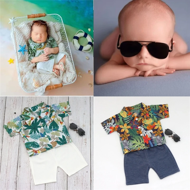 

B2EB Newborns Photography Props Toddlers Photoshoot Clothes Beach Shirt Shorts Sunglasses Birthday Photo Costume