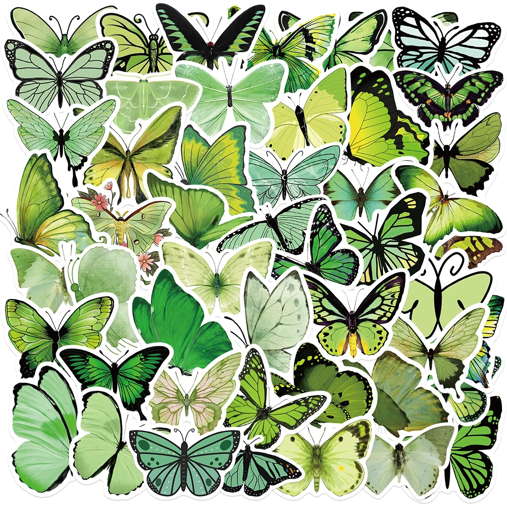 50pcs Beautiful Green Butterfly Graffiti Stickers for DIY Scrapbook Stationery Water Bottle Phone Laptop Guitar Decoration Decal