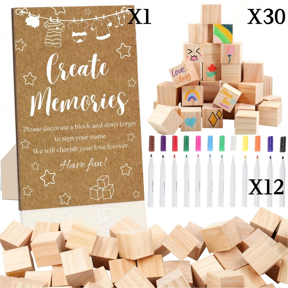 1 Set Baby-Shower-Block-Kit, Party-Geschenksets mit Schild, 30 Blanko-Holzblöcke, 12 Marker für Gender-Reveal-Party-Dekorationen