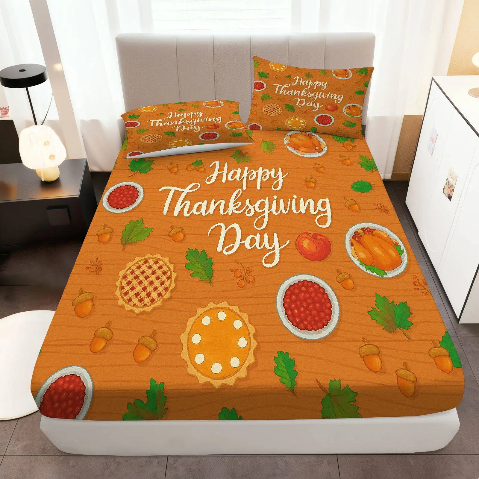 Thanksgiving Autumn Harvest Bedding Set: Three-Piece Bedding Set (Includes 1 Fitted Sheet + 2 Pillowcases), 3-Piece Set, Large Deep-Pocket 2D Printed Fitted Sheet and 2 Pillowcases, Mattress Protector, Fitted Elastic Style, Protective Cover, Mattress Protector, Suitable for All Seasons, Machine Washable Design, Holiday Decoration, Various Sizes, Breathable Protective Cover Plus Pillowcase