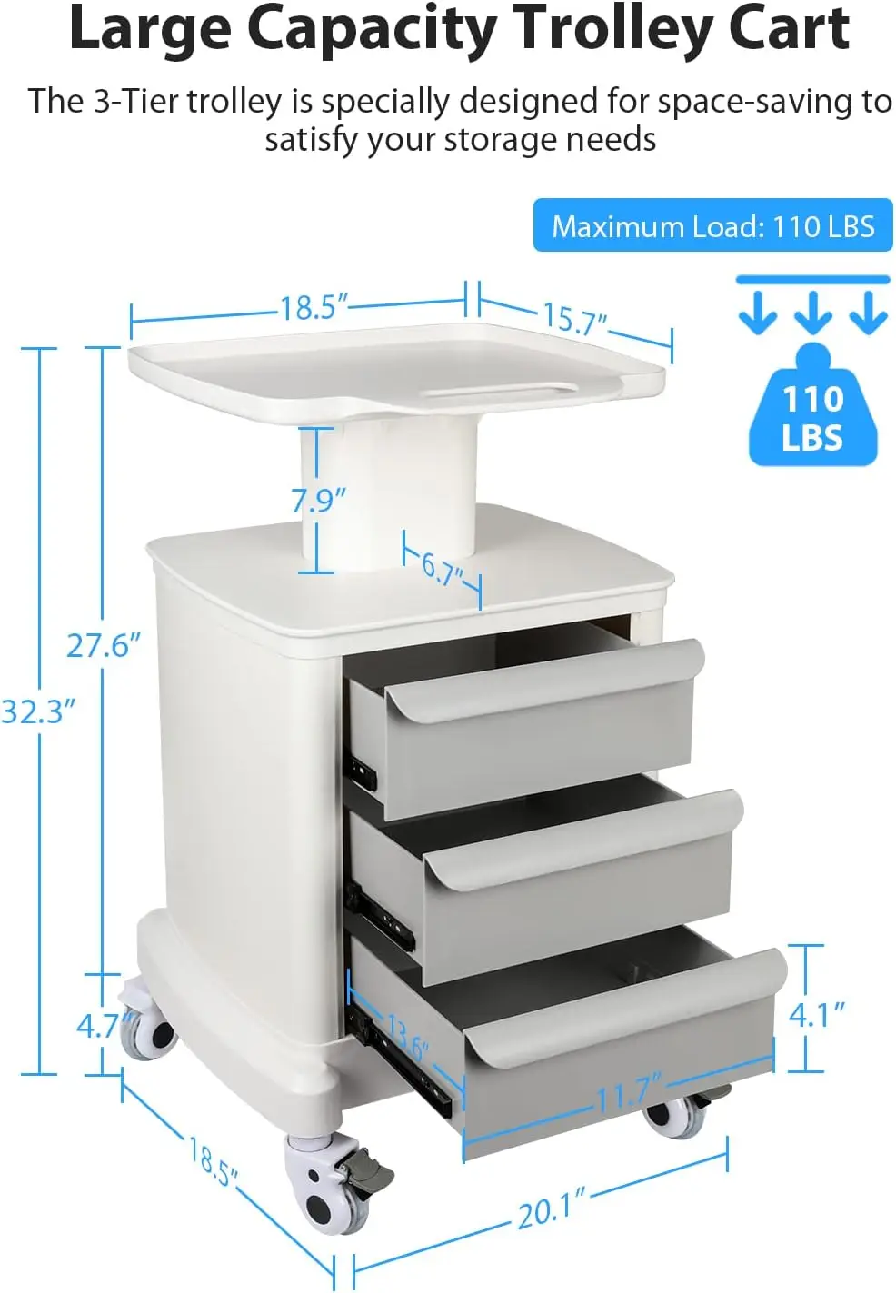 Trolley Cart for Portable Ultrasound Imaging Scanner Vehicle Trolley Beauty Storage Cart 110 LBS Load with 3 Drawers 4 Wheels